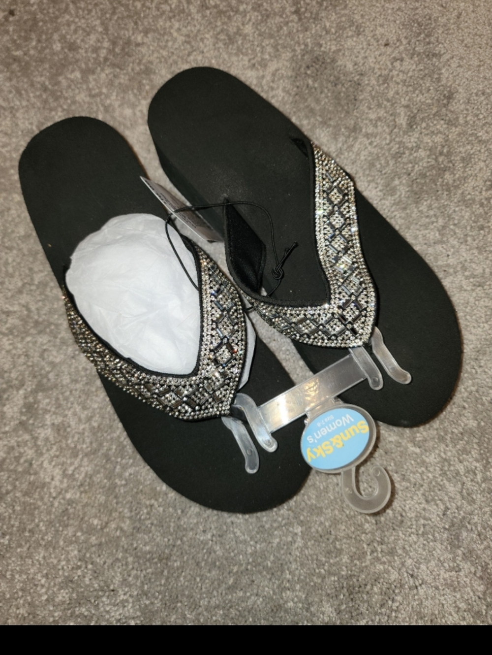 Sun & sky womens black wedge bling thong sandals size 7/8